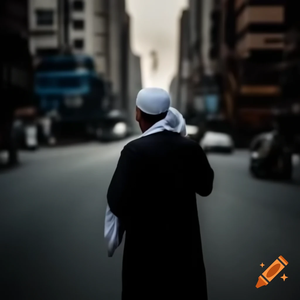 Muslim man walking along the road