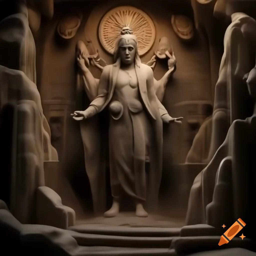 Realistic shrine in sandstone cave featuring carved elven god with sun and moon