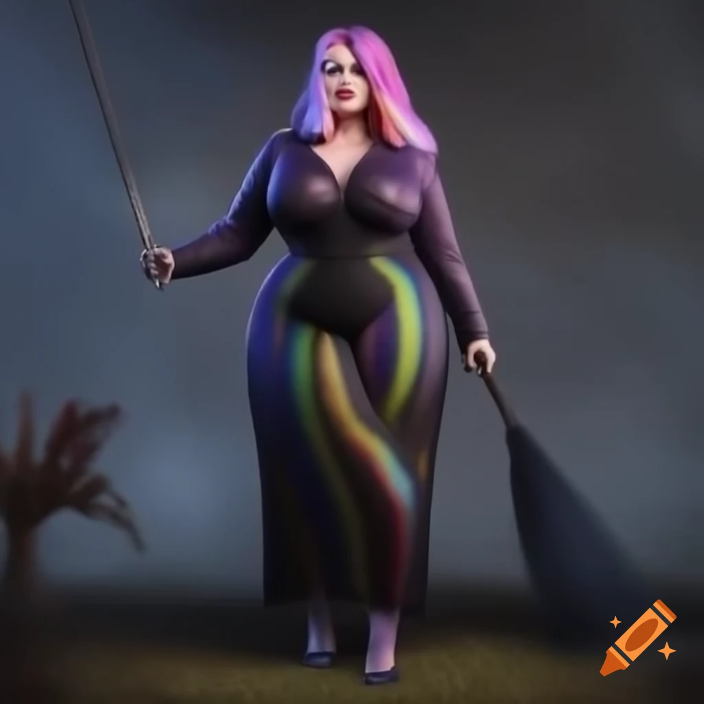 Full-bodied female witch with rainbow colored hair