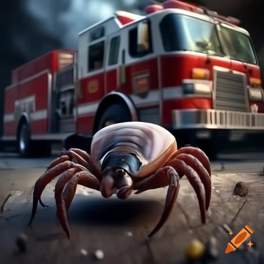 Giant tick beside a fire truck
