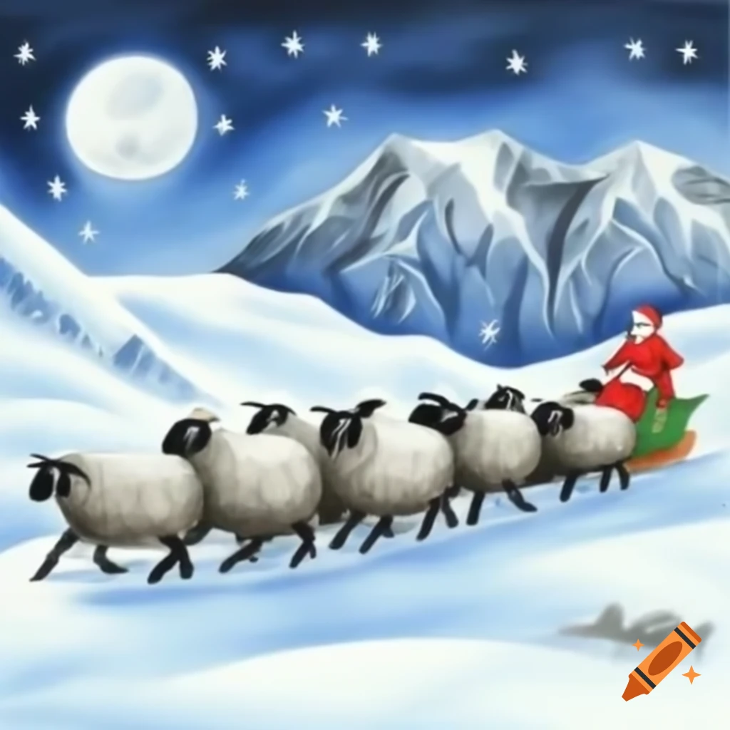 Pencil drawing of flock of black sheep on snowy mountain with Santa Claus in sled