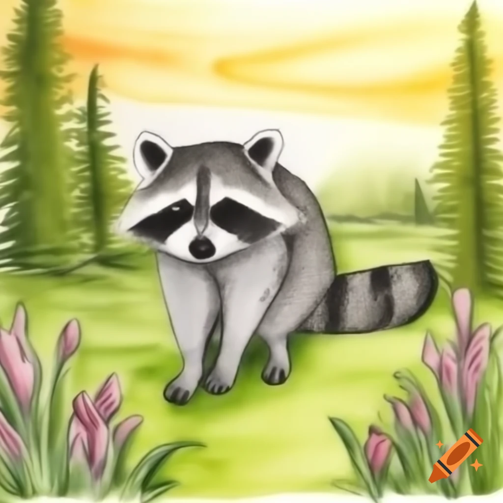 Raccoon walking in forest at sunset holding a flower, pencil drawing