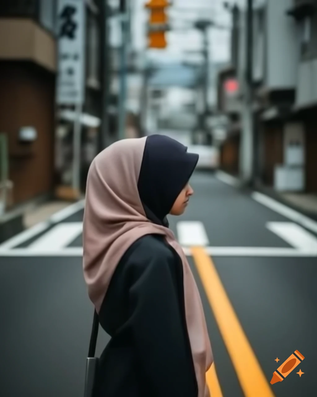 Girl wearing hijab walking on a road in Japan