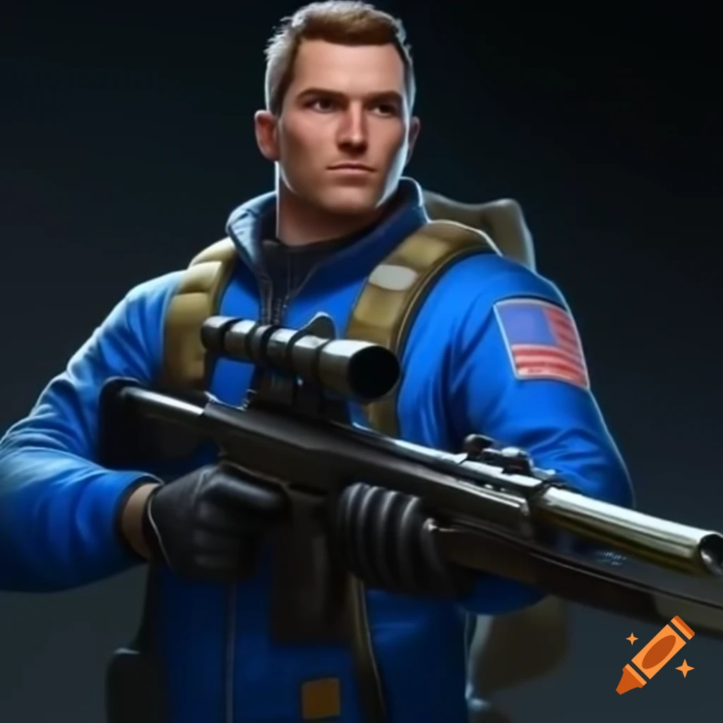 Tall space captain in blue jacket with sniper rifle
