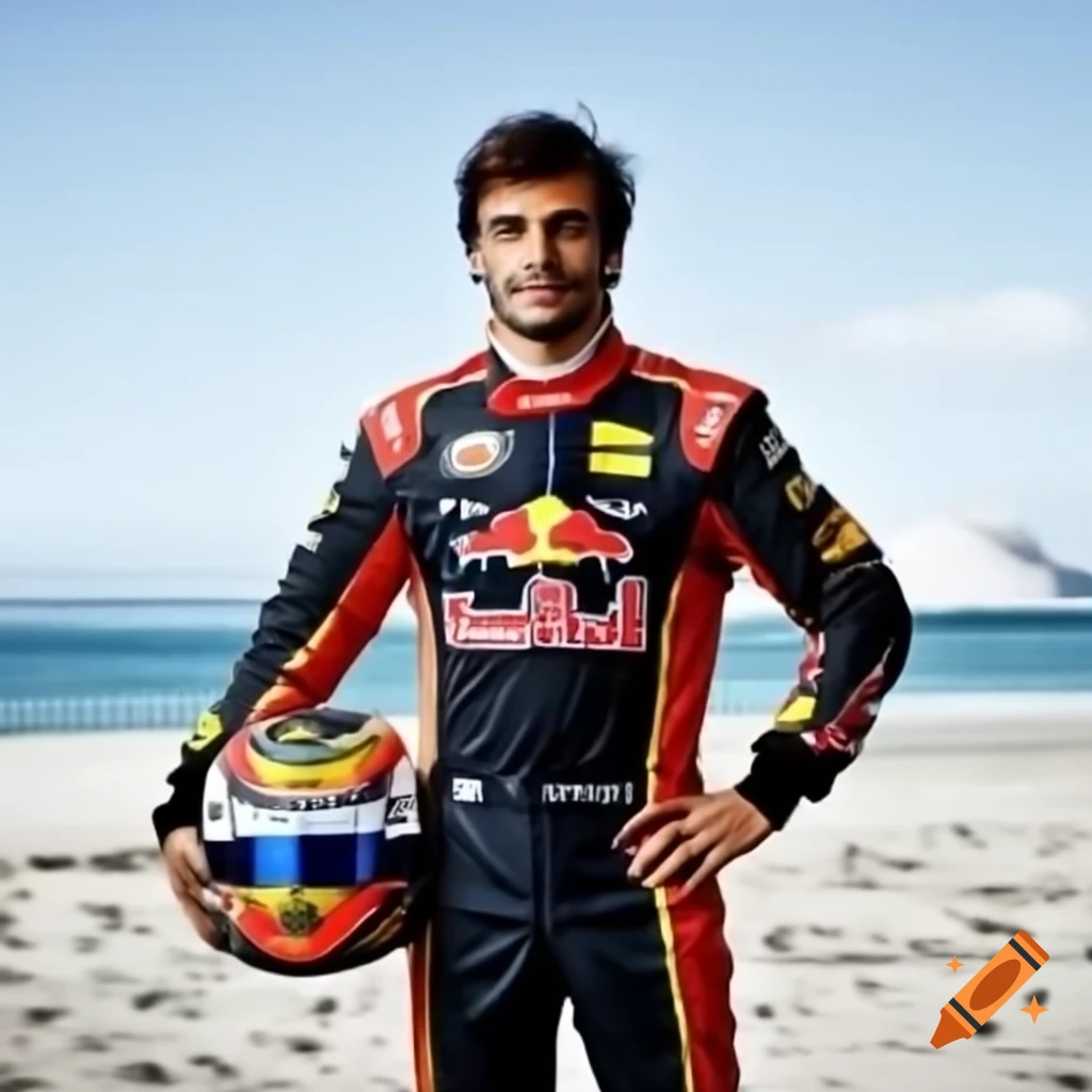 Carlos Sainz in Ferrari racing suit on small island in ocean