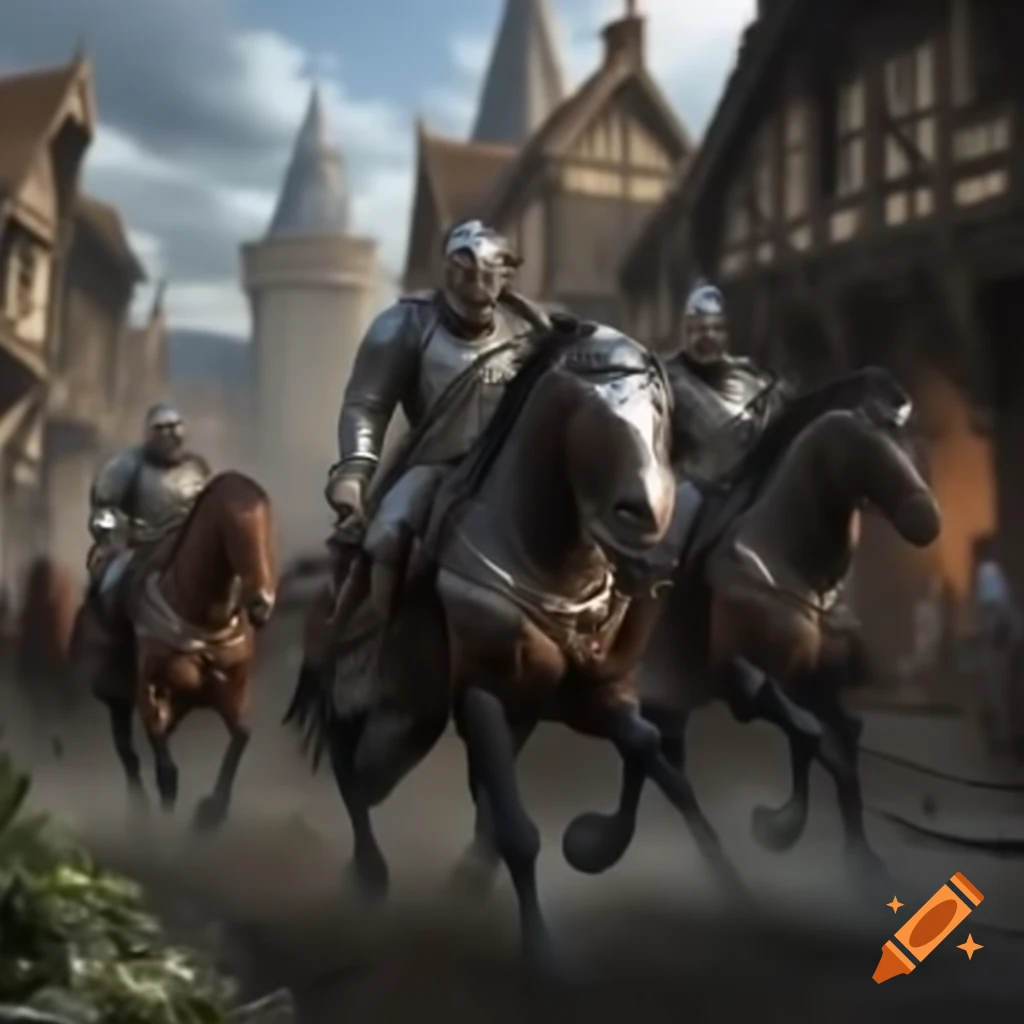 Military convoy of horses in medieval French town with armored riders