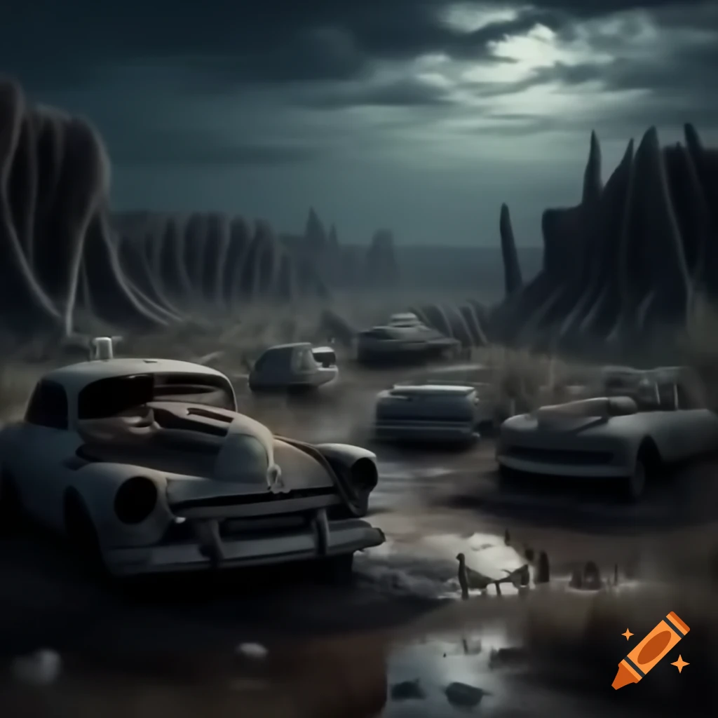 Ghosts in a haunted car junkyard at night with an eerie atmosphere