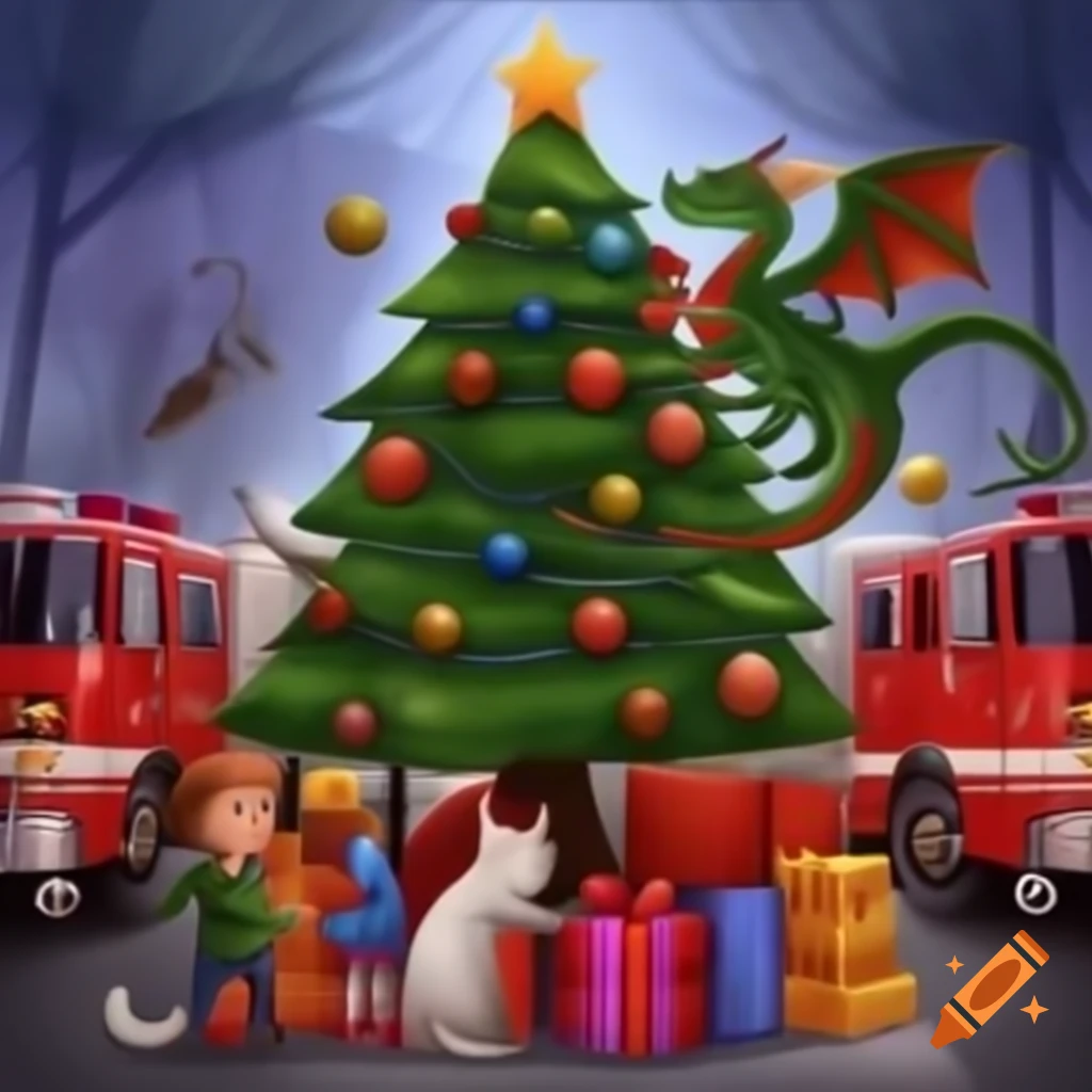 Christmas Tree With Dragon And White Cat Children With Presents And 