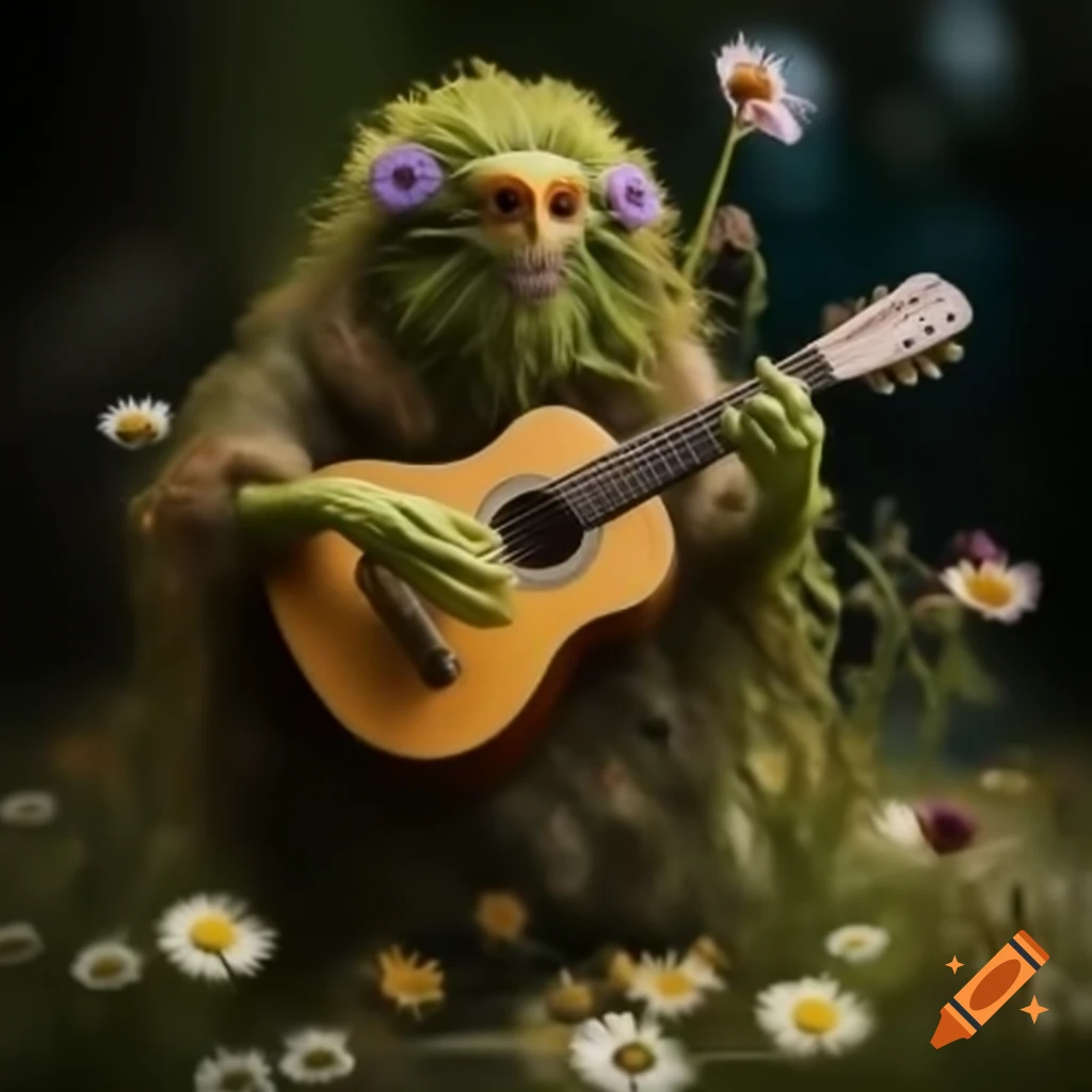 Wildflower monster playing acoustic guitar in hobbit hovel, highly detailed
