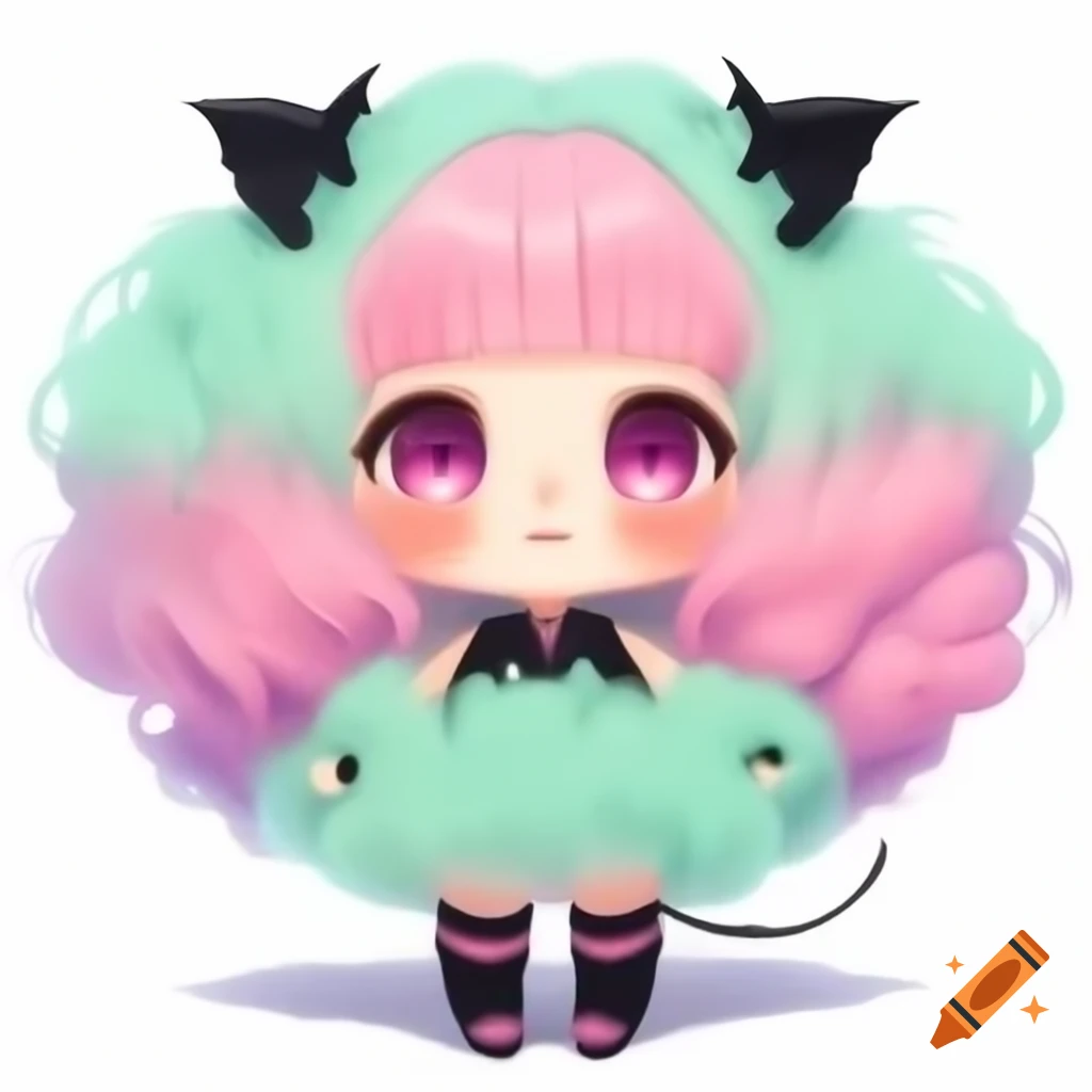 Chibi anime character with fluffy pastel pink and mint green hair, black horn, and colorful outfit