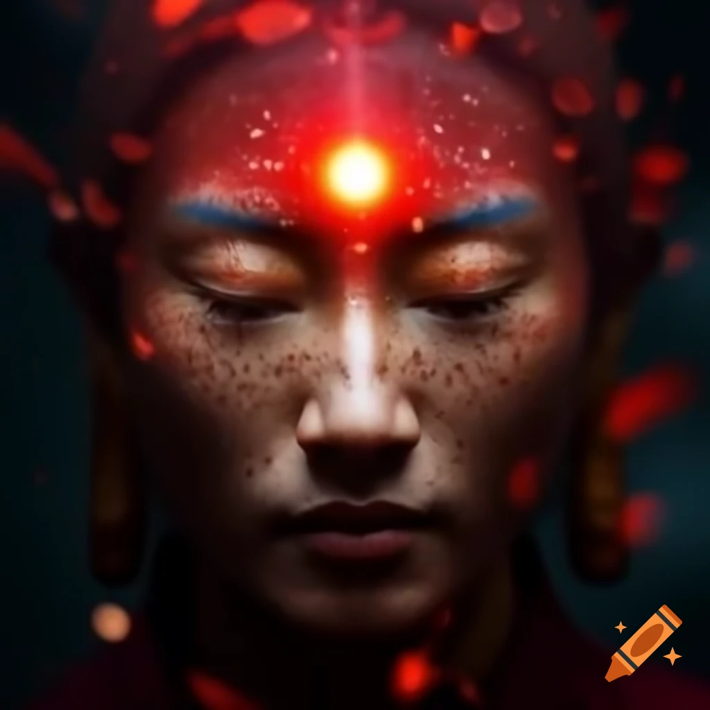 Meditating Tibetan monk illuminated by crimson glow with vibrant light effects