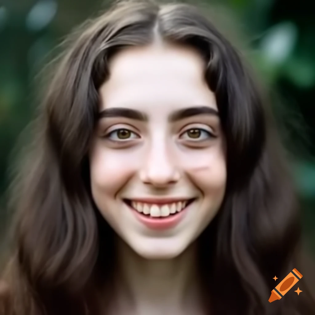 Smiling Jewish girl with curly dark hair in a garden