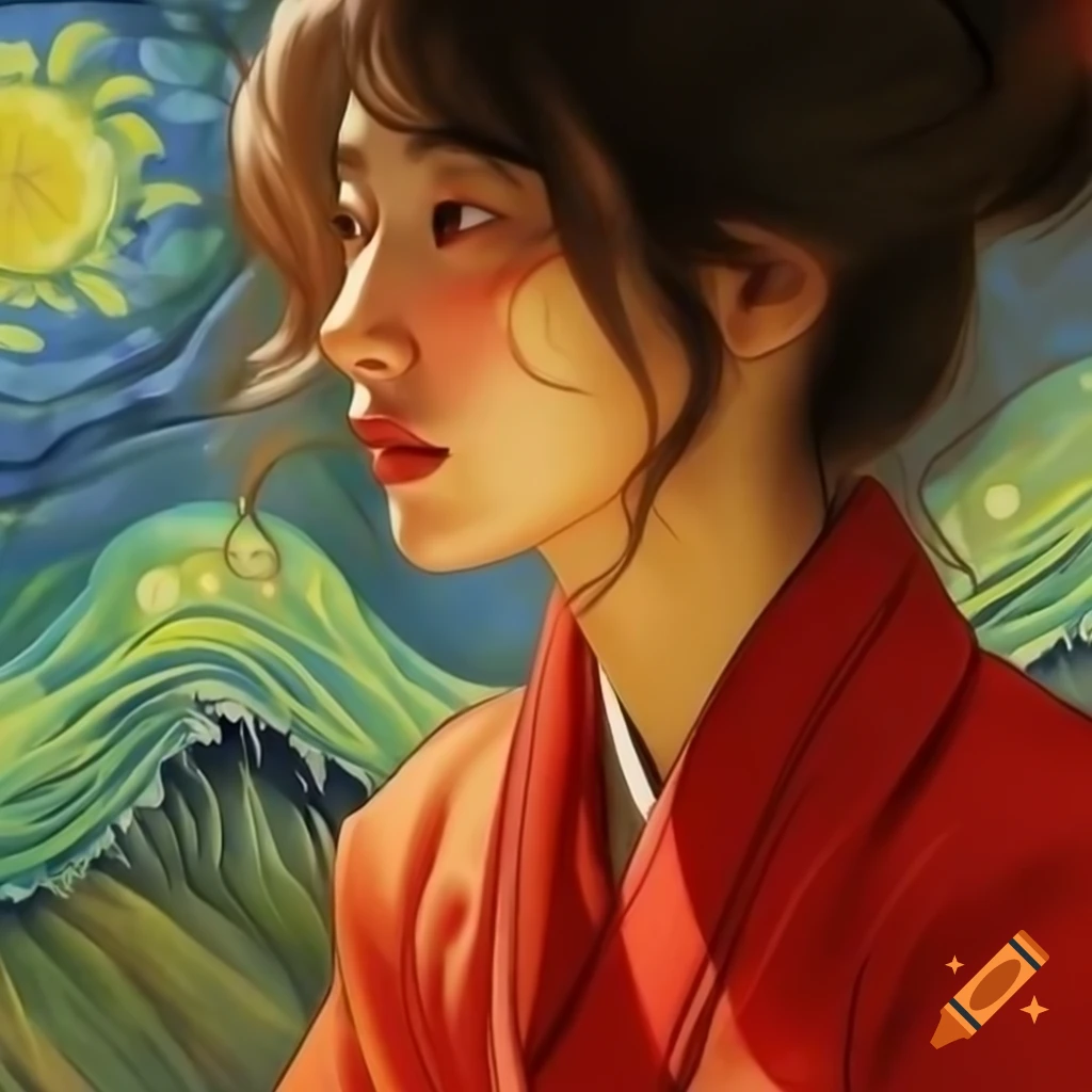 Portrait of Korean woman in red with sun-kissed skin, animated style inspired by Van Gogh and Rembrandt