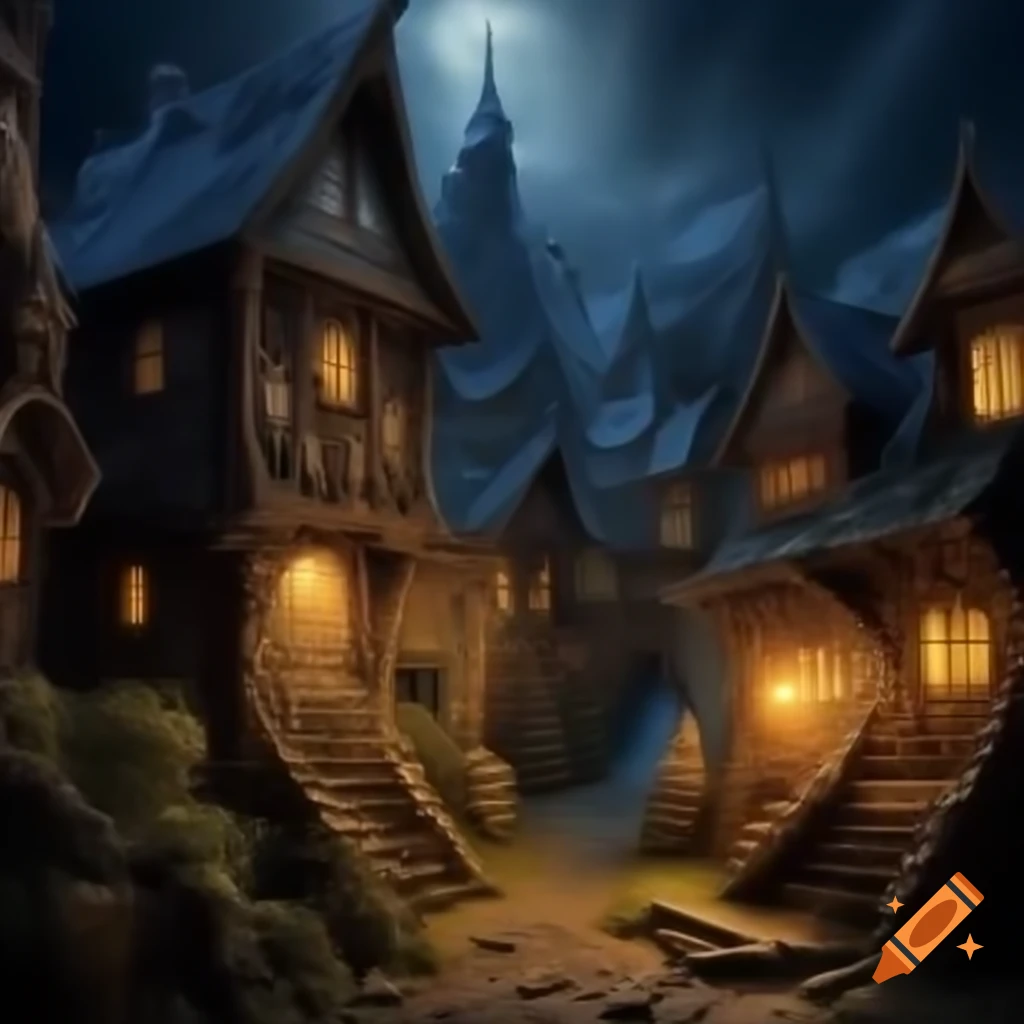 Realistic medieval village with magical light and dark ambiance
