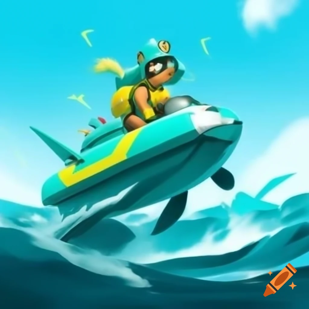 Marina the Sea Patrol pup in teal and yellow rescue suit swimming in ocean waves