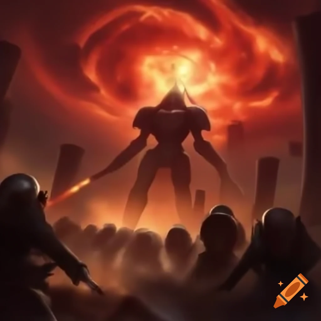 Gallifreyan Chancellery guards in battle with vortex explosions and futuristic debris