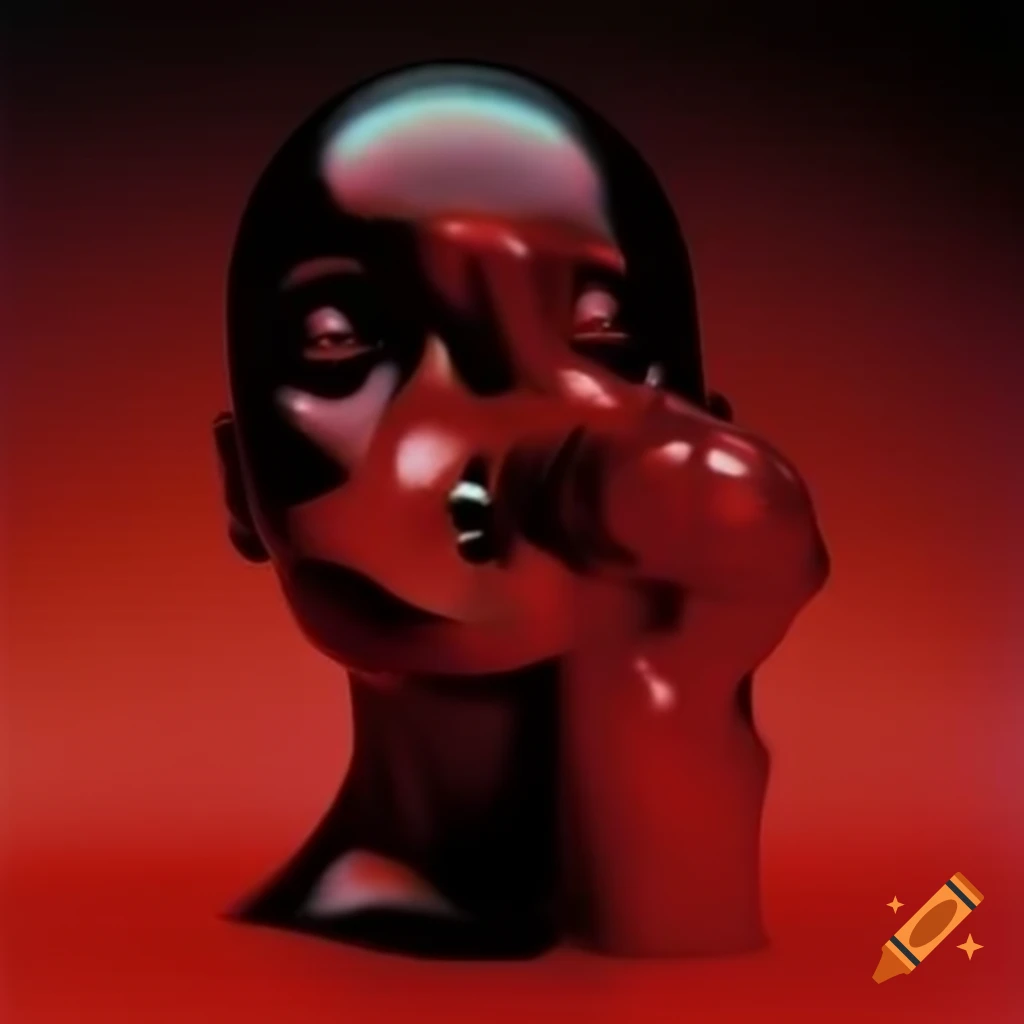 Iridescent red glass statue in pop surrealism 2000's photography