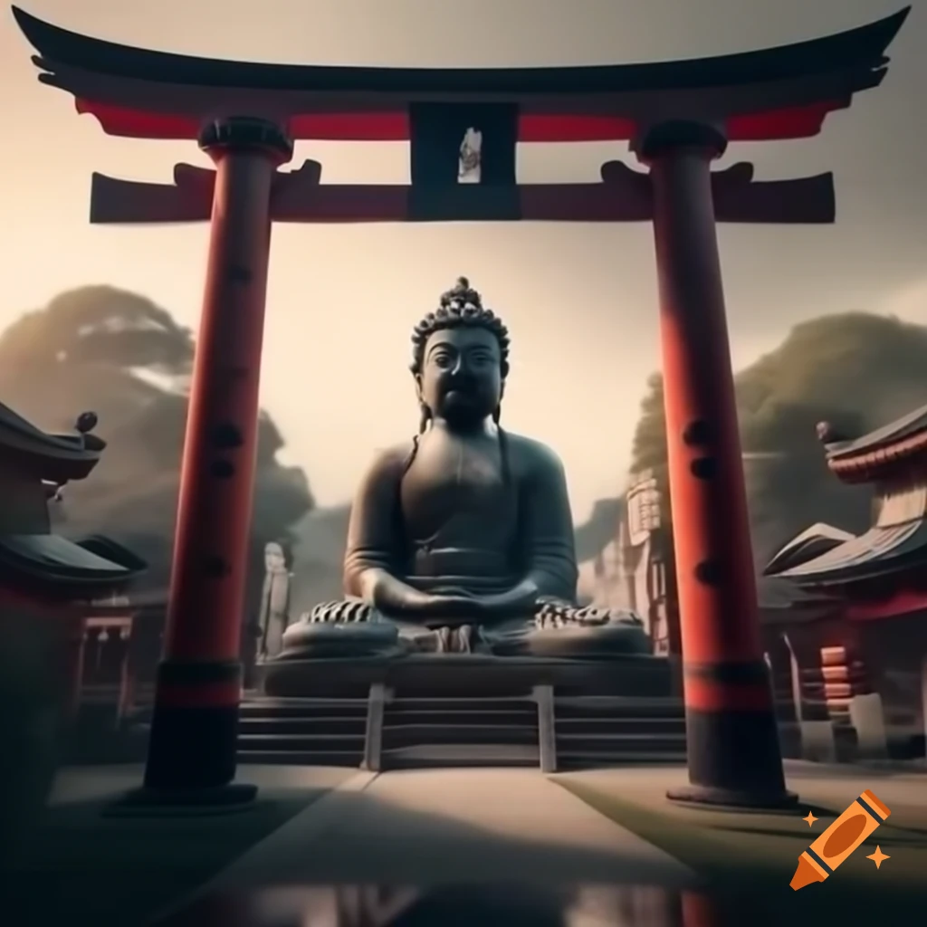 Buddha beneath torii gate in daylight
