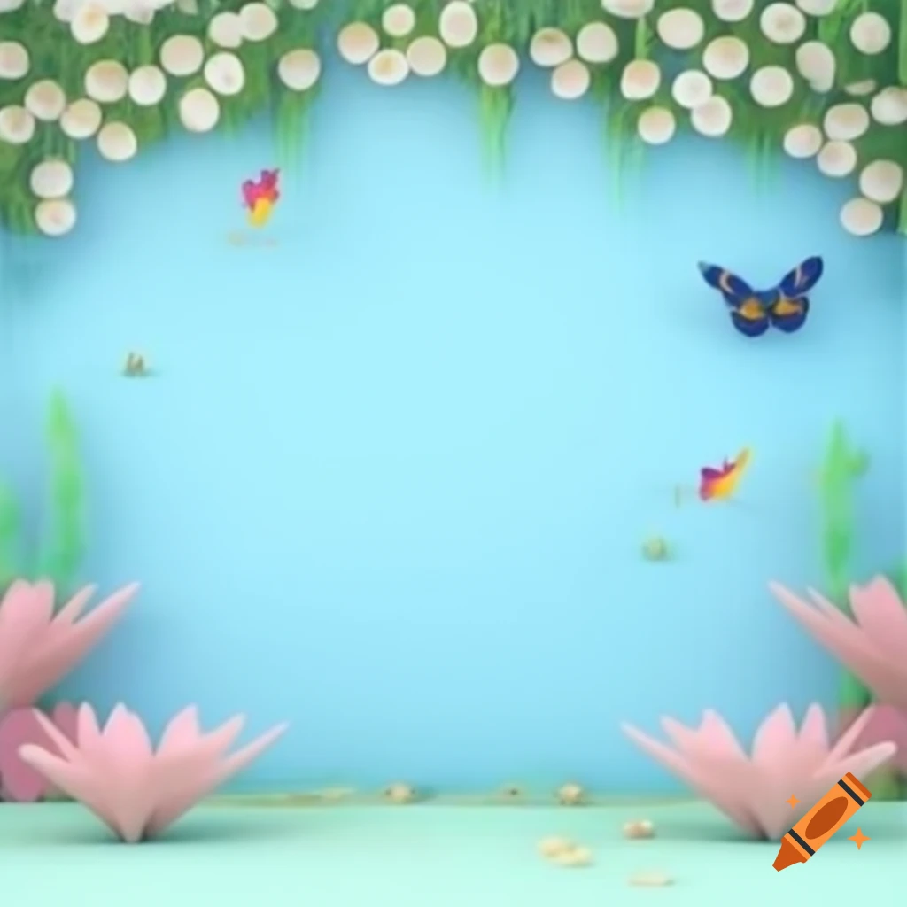 Light blue wall decorated with 3D cartoon flowers, birds, and butterflies