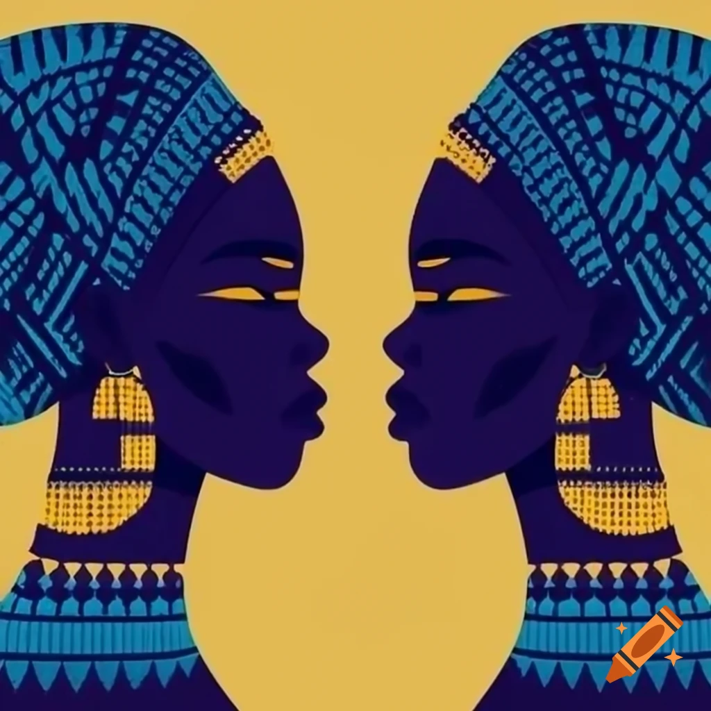 Two African women facing each other in blue and yellow pointillism style