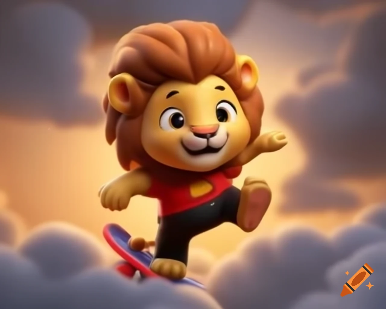 Cartoon lion cub rolling down the street showcasing balancing skills