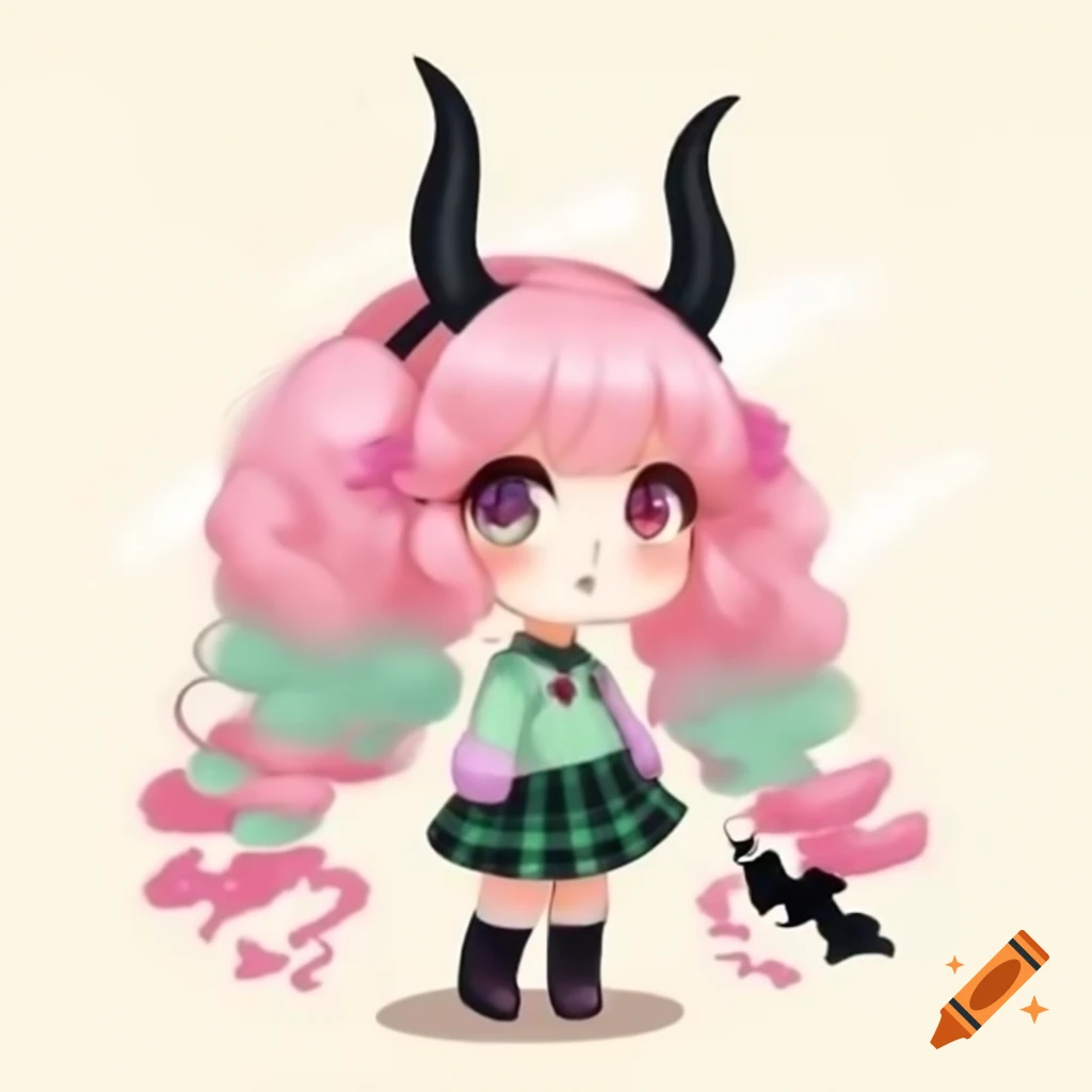 Chibi anime character with fluffy pastel pink and mint green hair, black horn, and colorful outfit