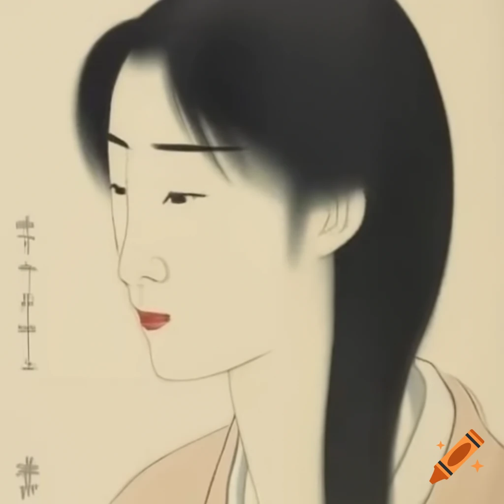 Traditional Japanese Nihonga of a woman in side profile with closed eyes and long black hair