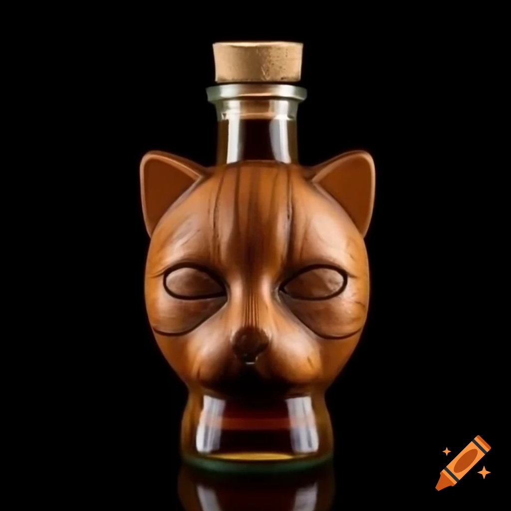 Bottle with engraved wooden cat's head design on black background