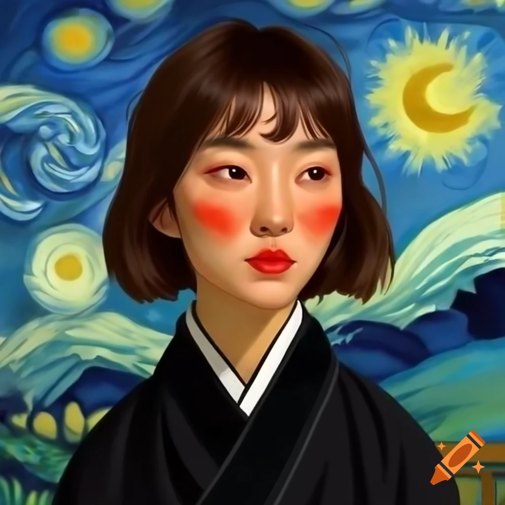 Stunning portrait of Korean woman in black, Van Gogh and Rembrandt style, watercolor