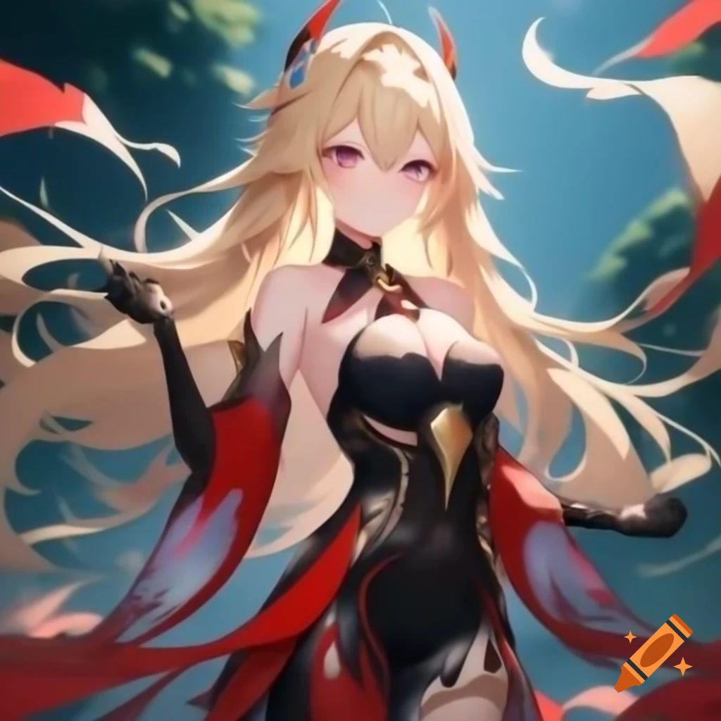 Anime heroine with long blonde hair and blue eyes in elegant red and black dress