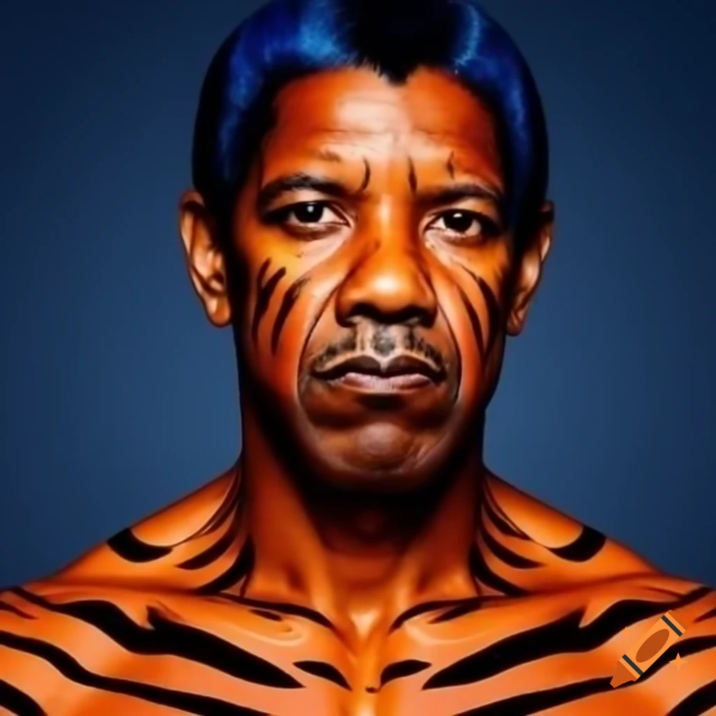 Muscular figure resembling Denzel Washington with tiger-style makeup and vibrant colors