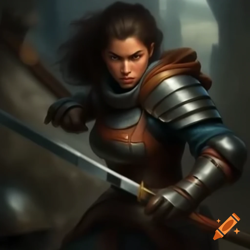 Young woman in splint mail armor dual-wielding swords in medieval battlefield