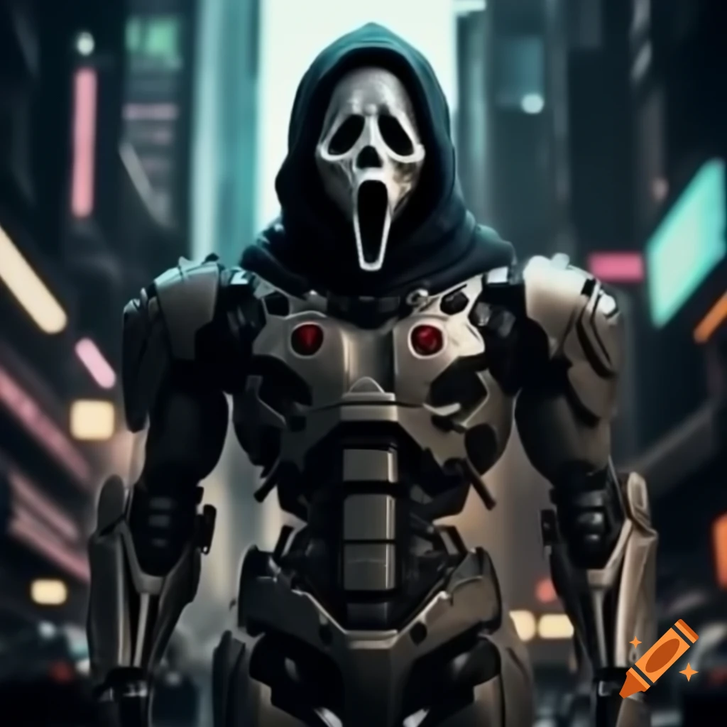 GhostFace robot armor in a vibrant cyberpunk cityscape