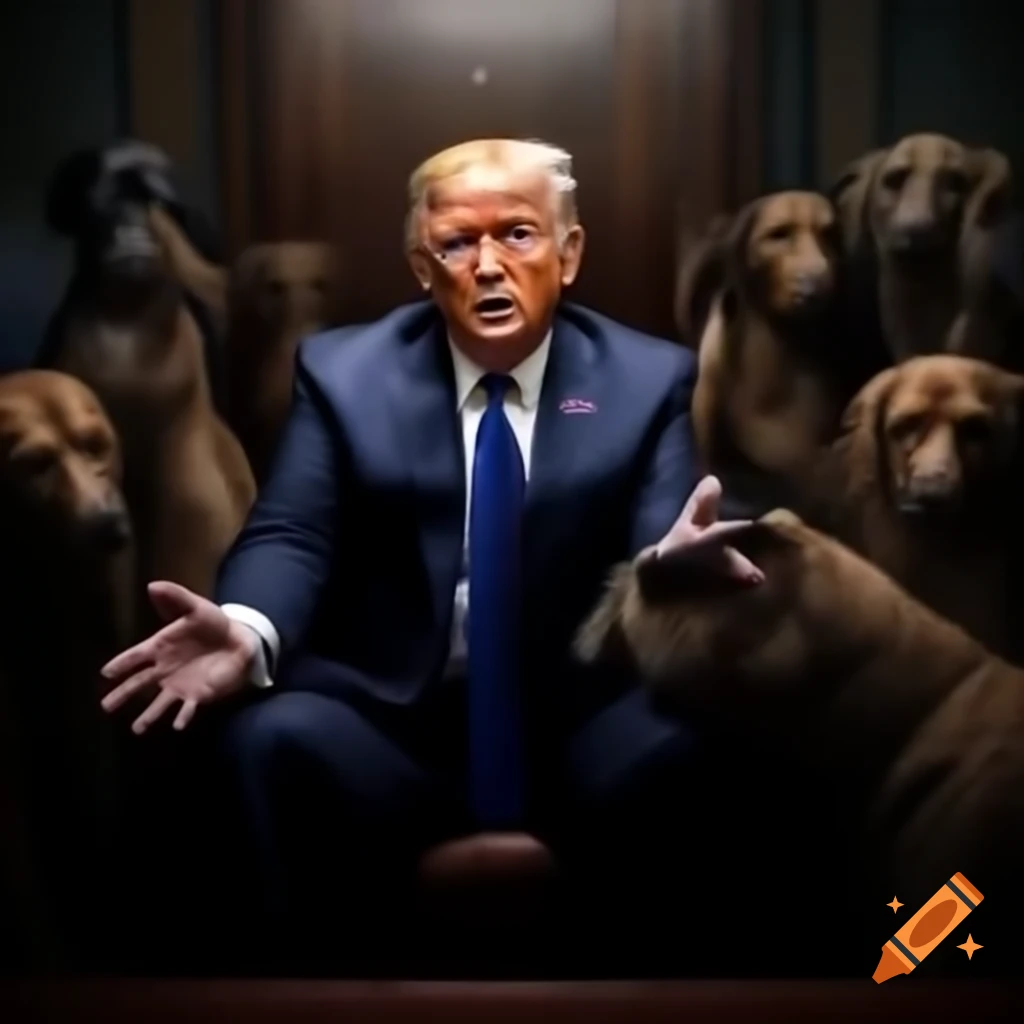 Illustration of cats and dogs playfully interacting with a figure resembling a politician