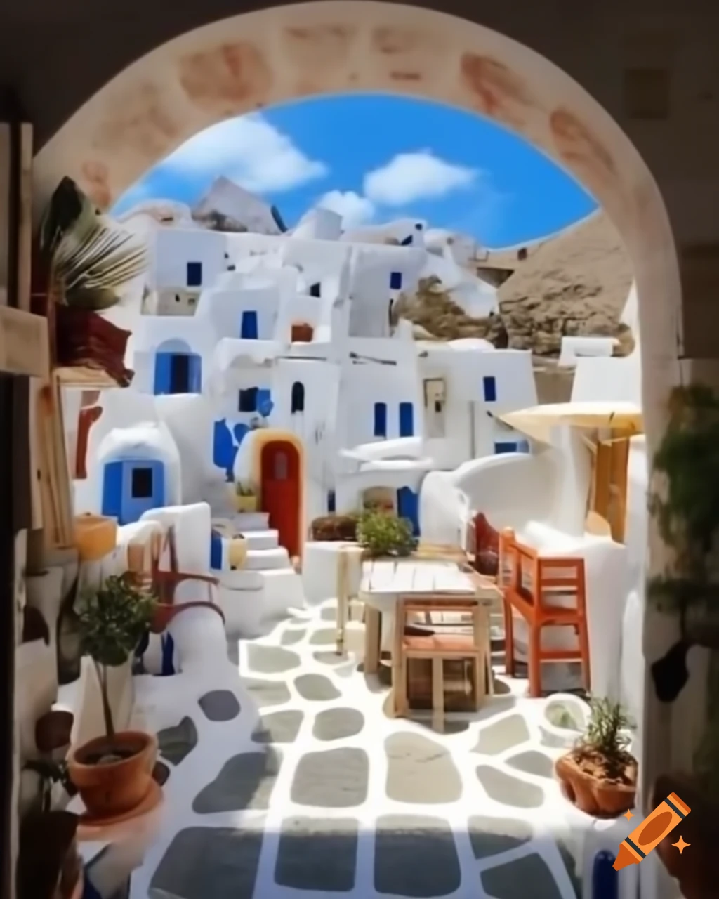 Miniature Greek village with whitewashed casas and Aegean skies in vintage cabinet