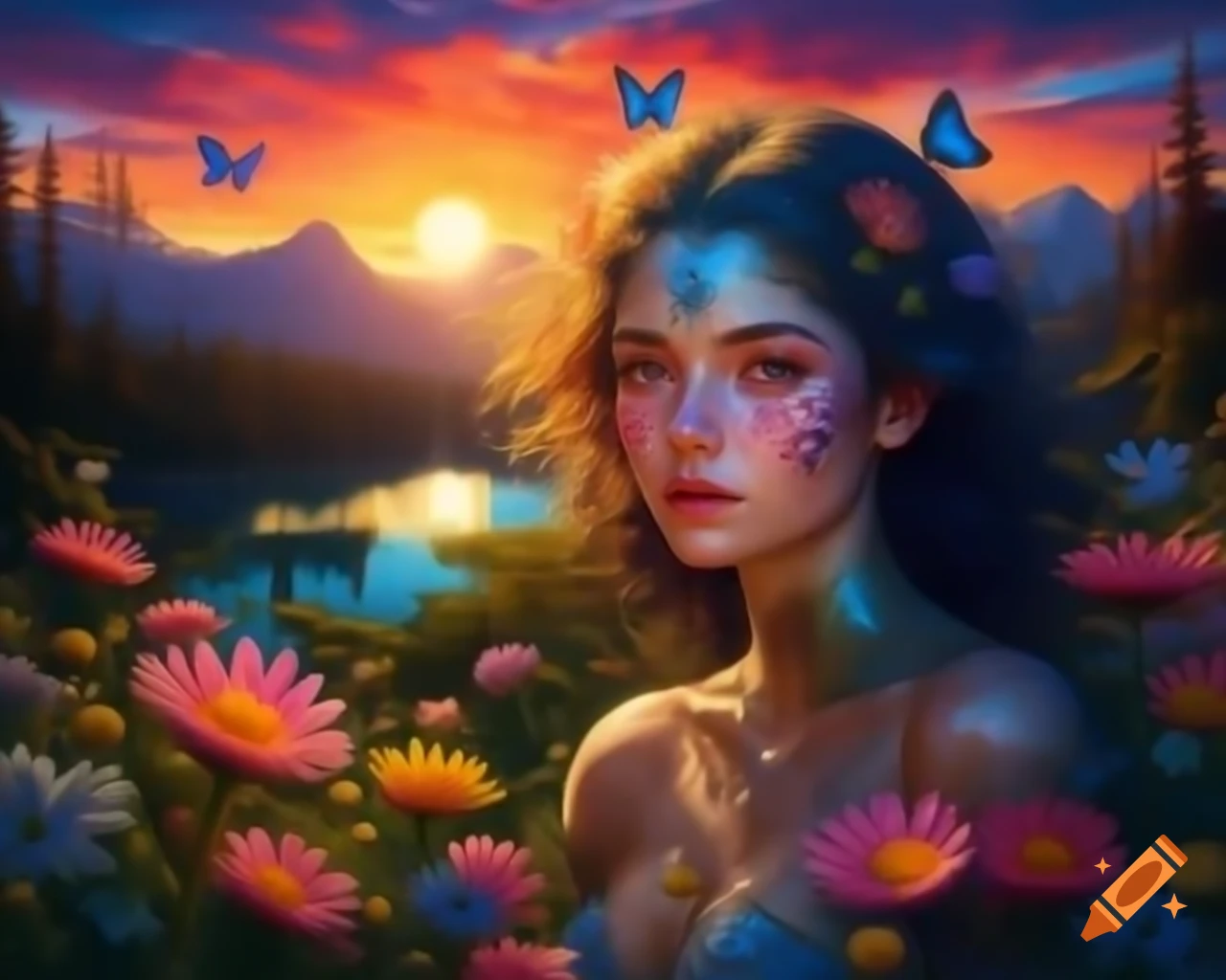 Colorful-haired woman with wildflowers and butterflies, vibrant sunset, elaborate costume