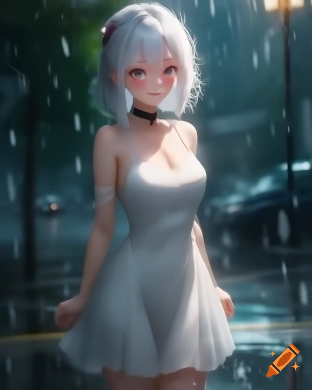Anime character with white hair and dress on a rainy day, realistic style