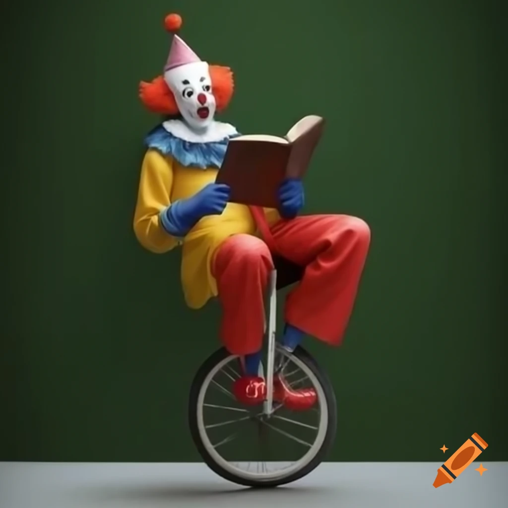 Male clown on unicycle reading a book