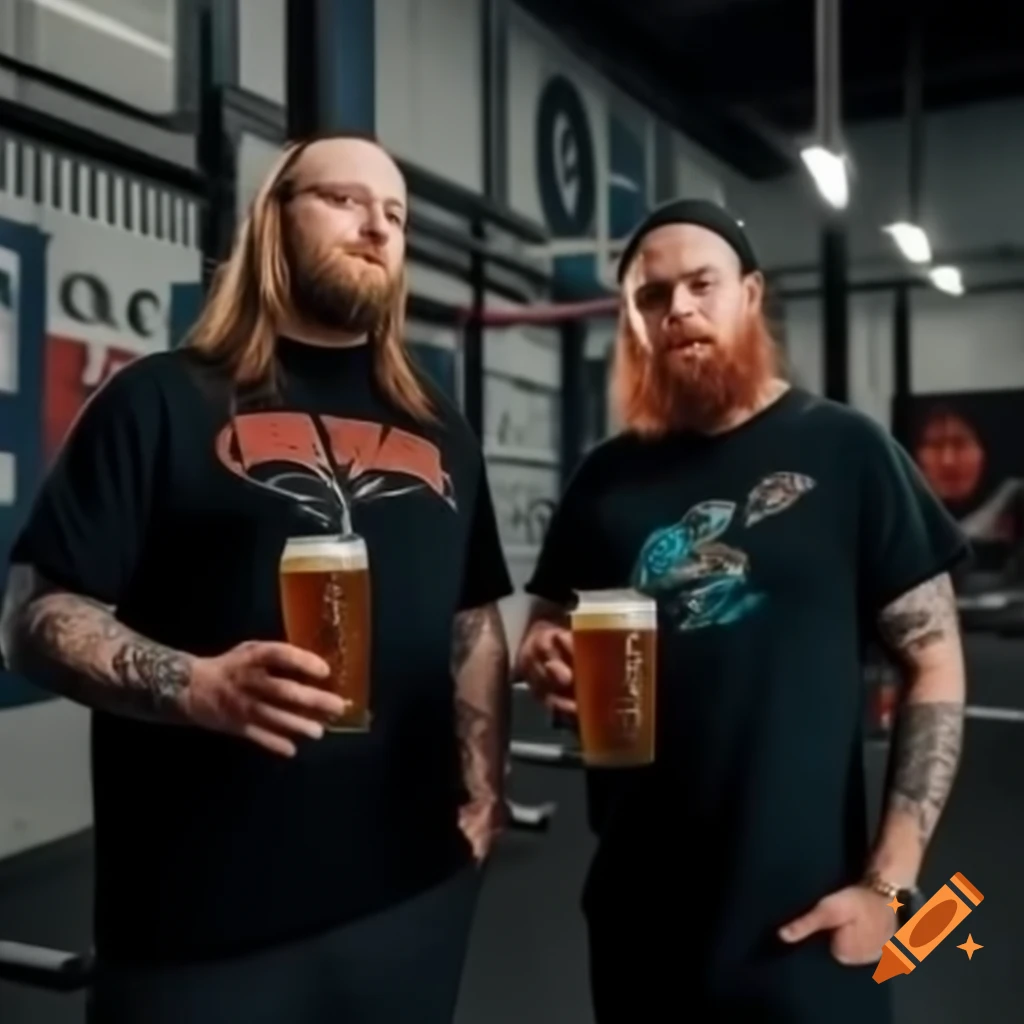 Metal album cover featuring two men in gym drinking beer