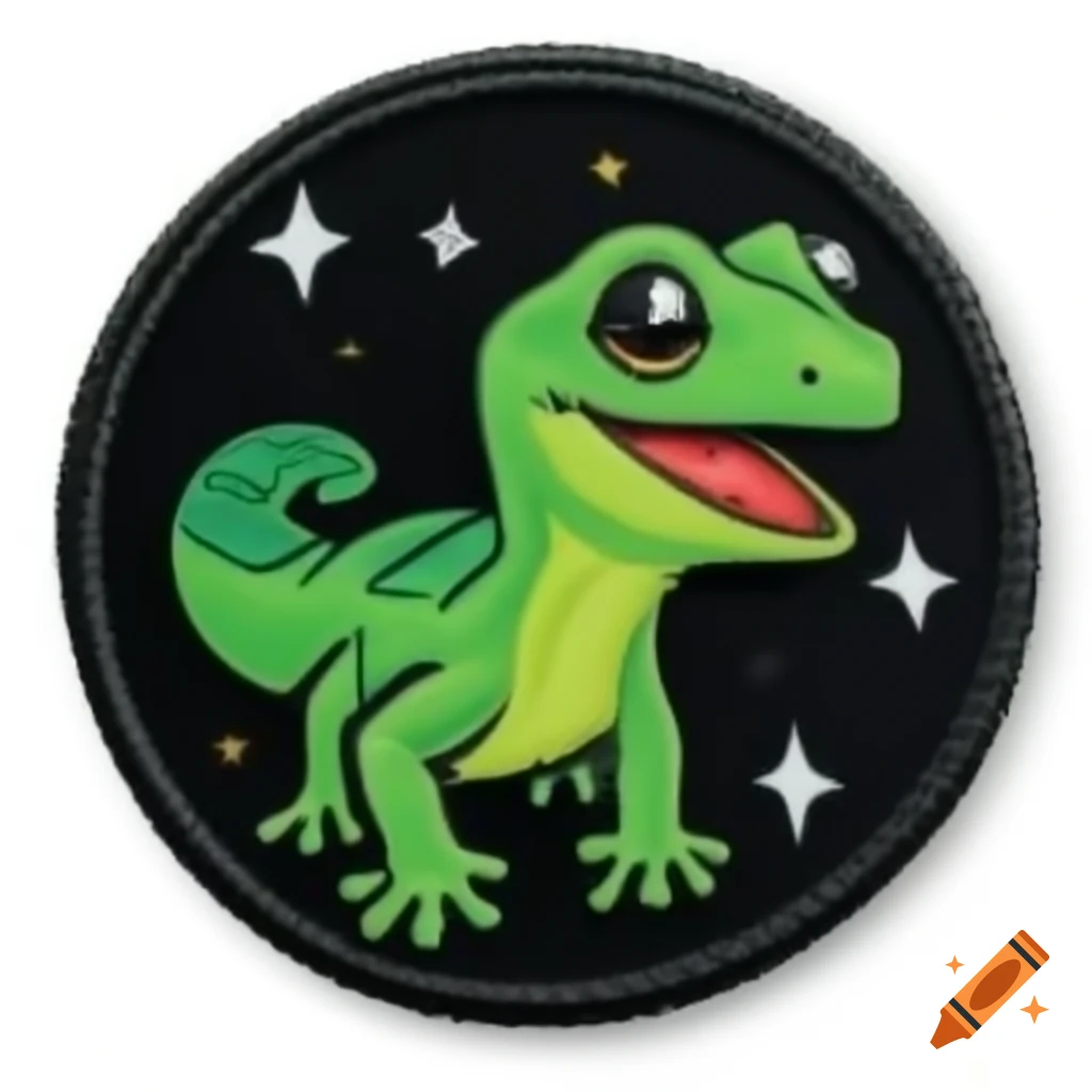 Smiling green gecko PVC patch design with stars on black background