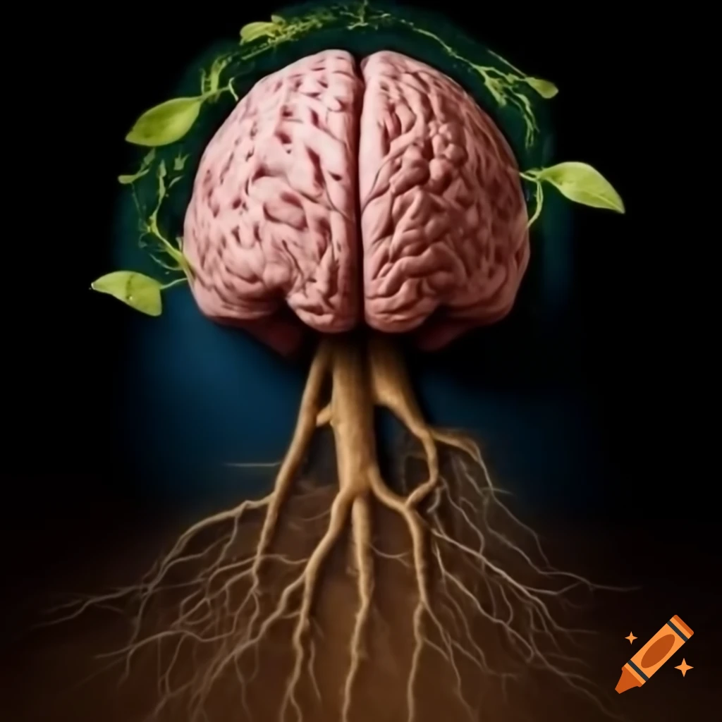 Brain with chain and roots growing upward connected to Aghia flower on head