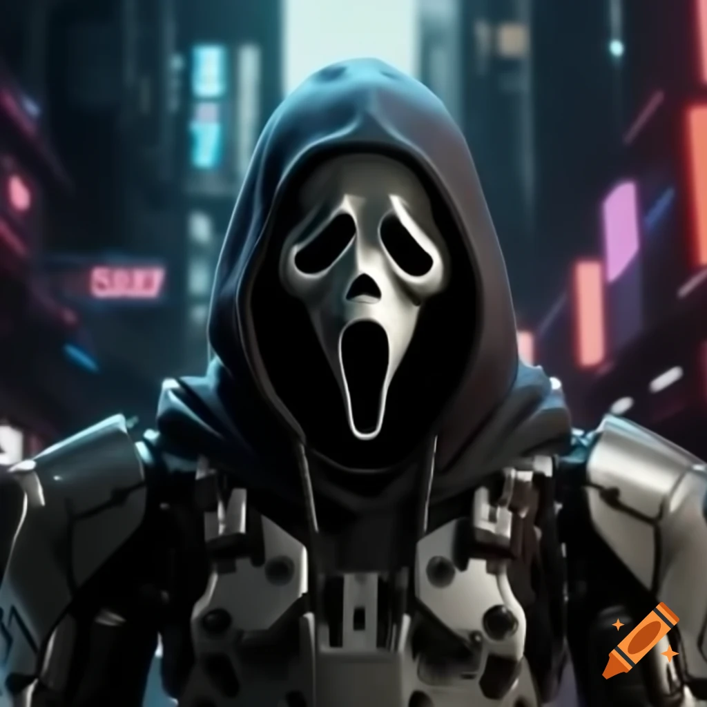 GhostFace robot armor in a vibrant cyberpunk cityscape