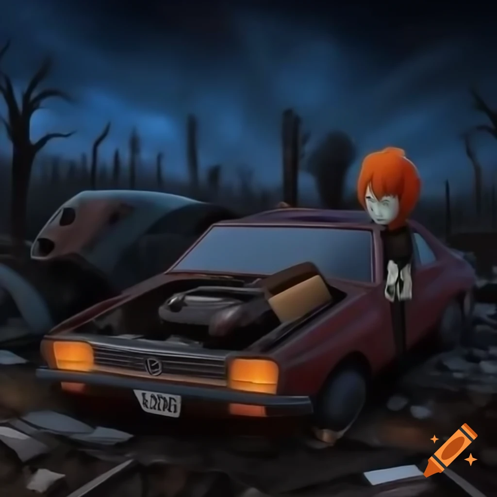 Robin Hamilton Maule fixing a 1970s yellow vehicle in a haunted junkyard at night
