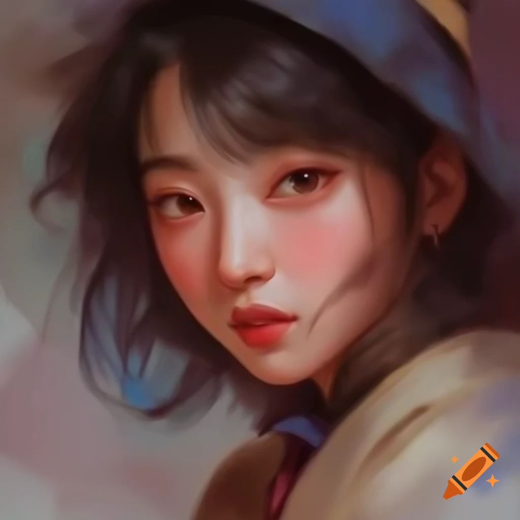 Detailed digital watercolor portrait of a charming Korean woman
