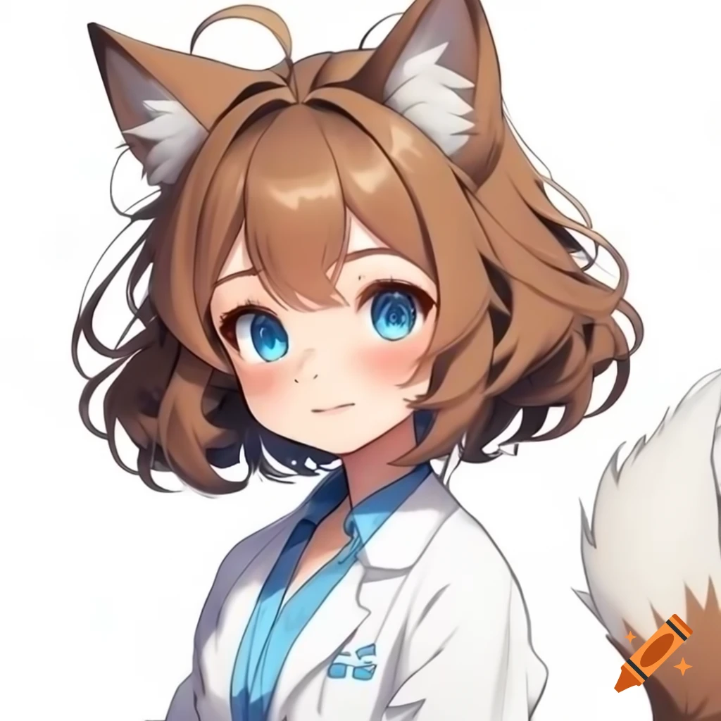 Cute anime girl with fox ears in white lab coat