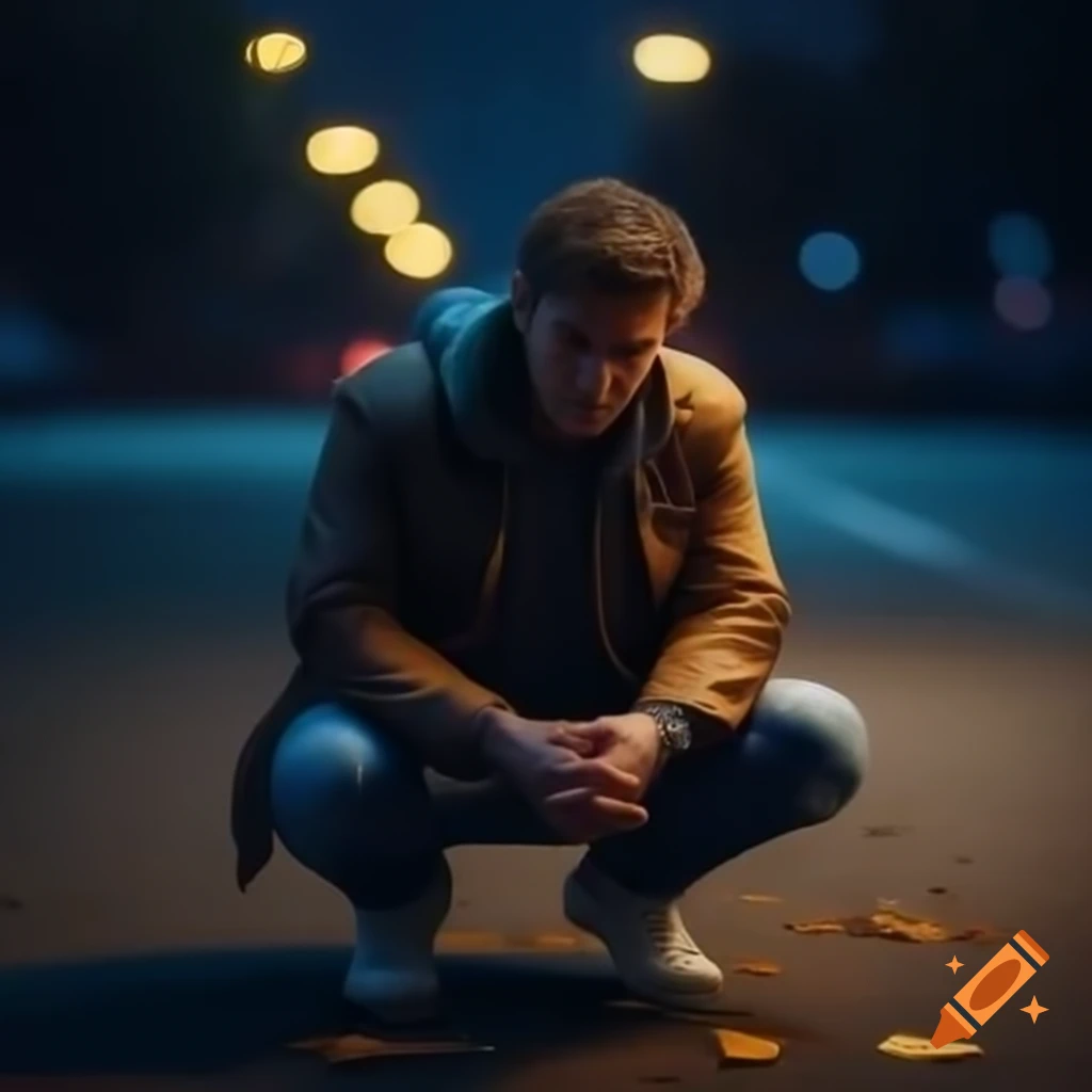 Despondent man sitting on urban street edge at dusk