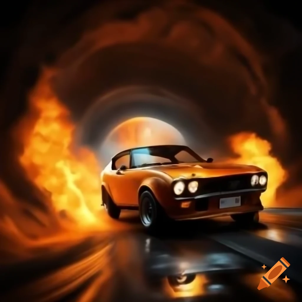 Super Fractal Dream Gold Trimmed Datsun Time Travelling Car speeding through time leaving fire trail