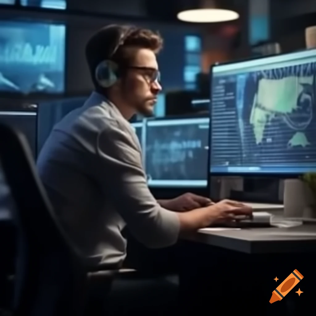 Young man working in software company, realistic depiction