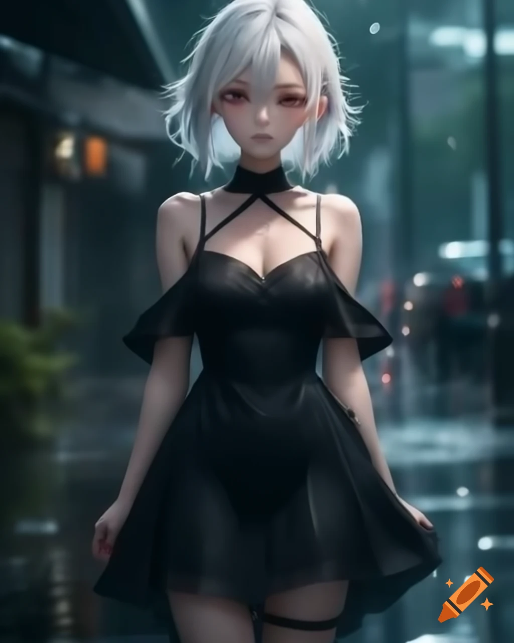 Anime character with white hair in black dress on a rainy day, realistic style