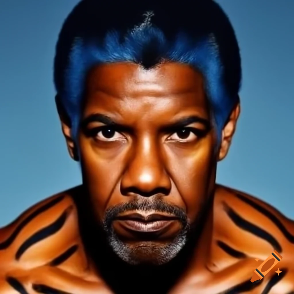 Muscular figure resembling Denzel Washington with tiger makeup and colorful features